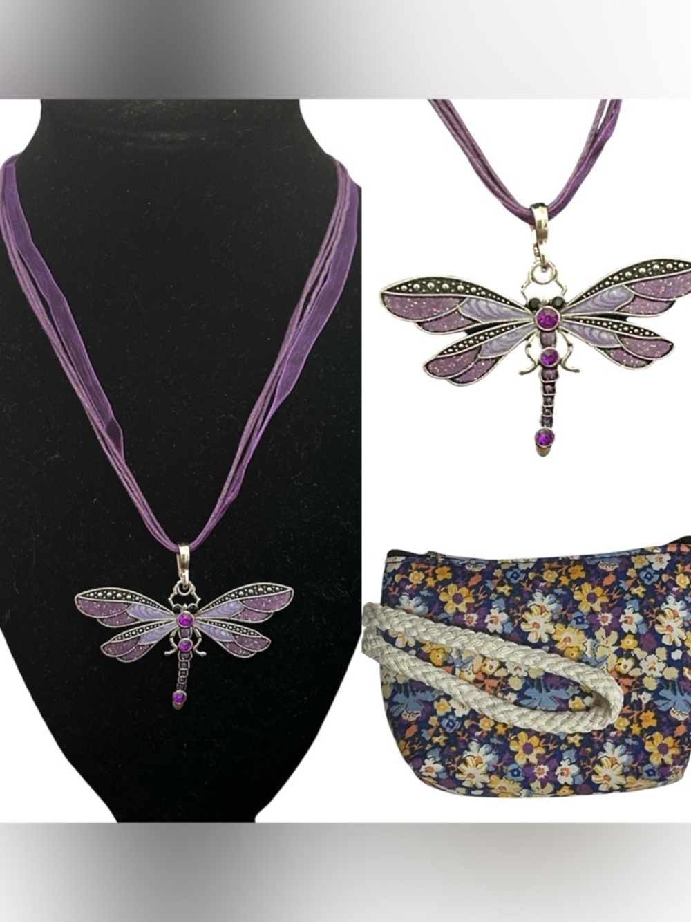 Colorful Enamel Dragonfly Pendant Matching Multi-layer Ribbon & Faux Leather New